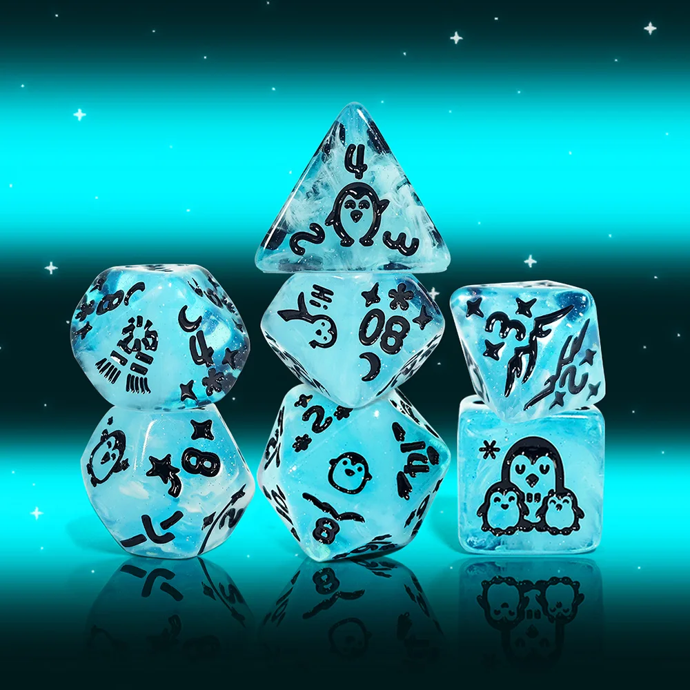 7pc/set DND Cute Penguin Pattern Resin Dice Set for Dungeons and Dragons Games Accessory