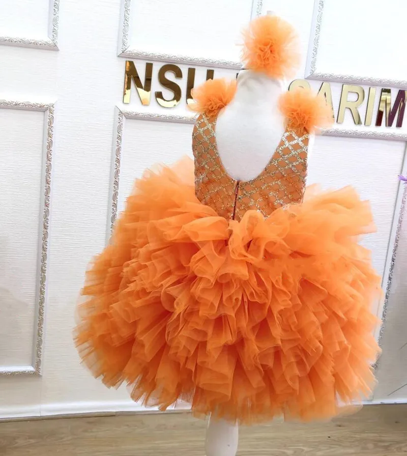 Vestido esponjoso naranja hasta la rodilla para niña, cuello redondo, sin mangas, Princesa, vestido de cumpleaños, vestido de fiesta personalizado, nuevo