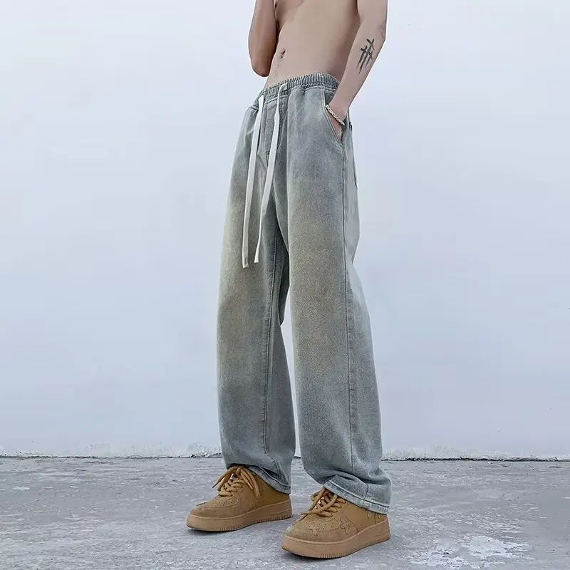 

Весенне-осенние мужские джинсы больших размеров 300 Pou желтого цвета грязи, свободные прямые повседневные брюки в американском стиле, молодежные модные брендовые брюки