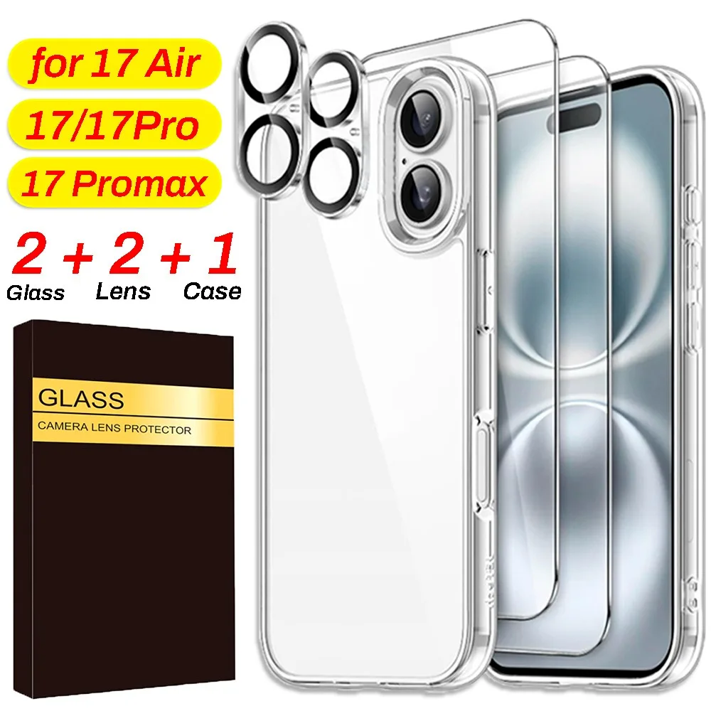 Funda transparente 5 en 1 para IPhone 17 Pro Max, Protector de pantalla de vidrio templado HD, película de lente antiarañazos para IPhone 17 Air/17 Pro