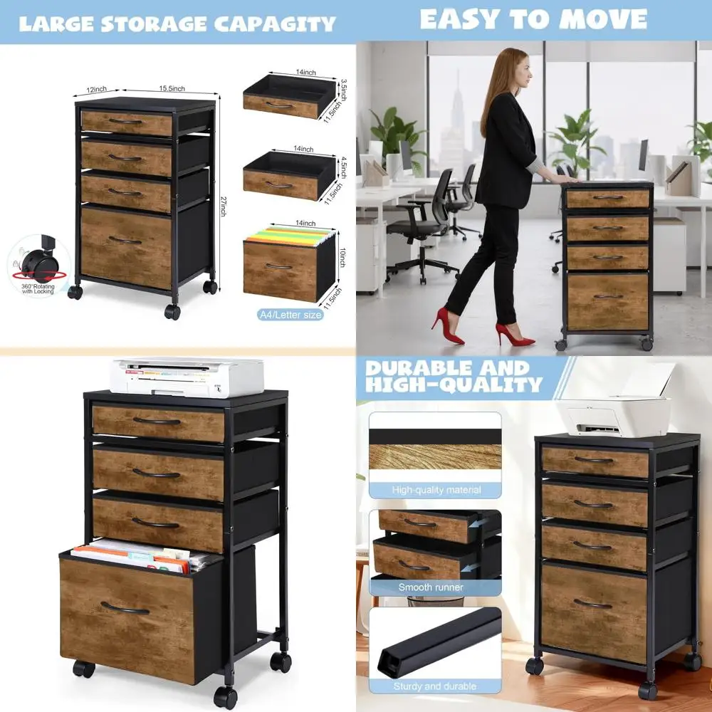 

Металлический картотечный шкаф коричневого цвета с 4 ящиками на колесиках для документов формата А4/Letter, мобильный органайзер для офиса