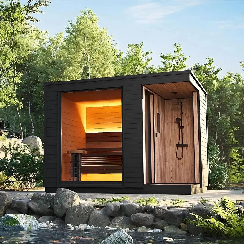 Red Cedar Sauna Room, 2-3 People Solid Wood Outdoor Wet Steam Sauna Cabin with 6000W Electric Stove, Traditional Steam Sauna