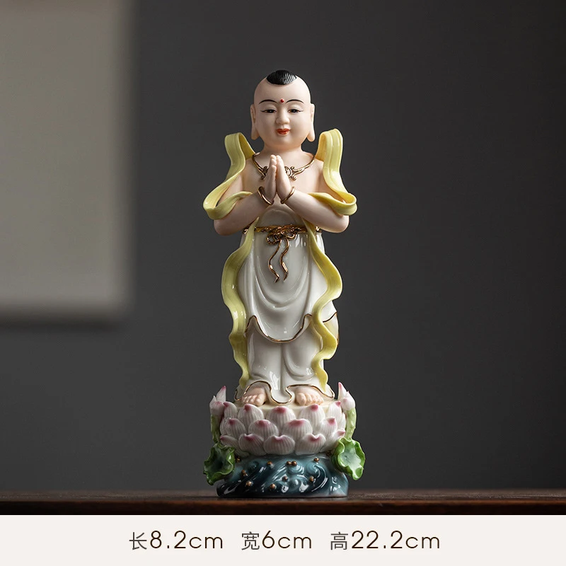Ceramic statues of auspicious children, dragon girls, golden boys, jade girls, and Guanyin Bodhisattva for home worship and deco