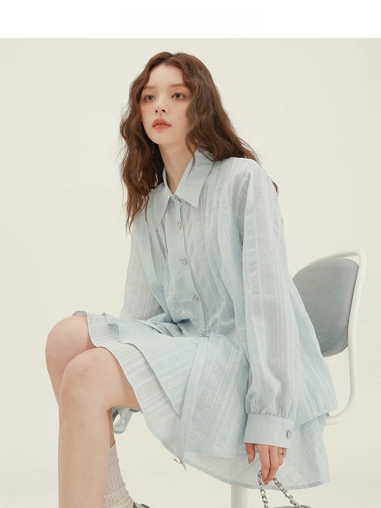 

Элегантный синий комплект: женская рубашка с длинным рукавом и юбка-кейк. Удобный, дышащий, повседневный стиль, свободный крой.