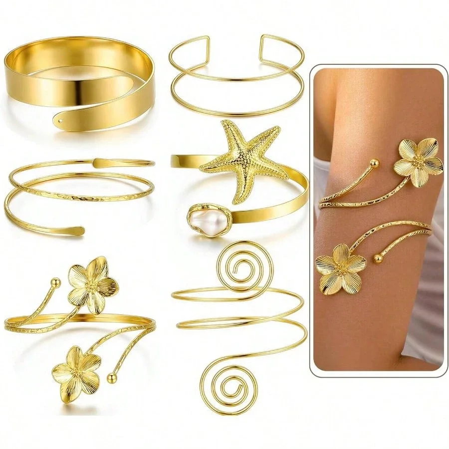 6-teiliges Set Boho Blumen-Seestern Spiral-Armreifen für Frauen Mehrschichtige Geometrische Verstellbare Armreifen Täglicher Schmuck Neu