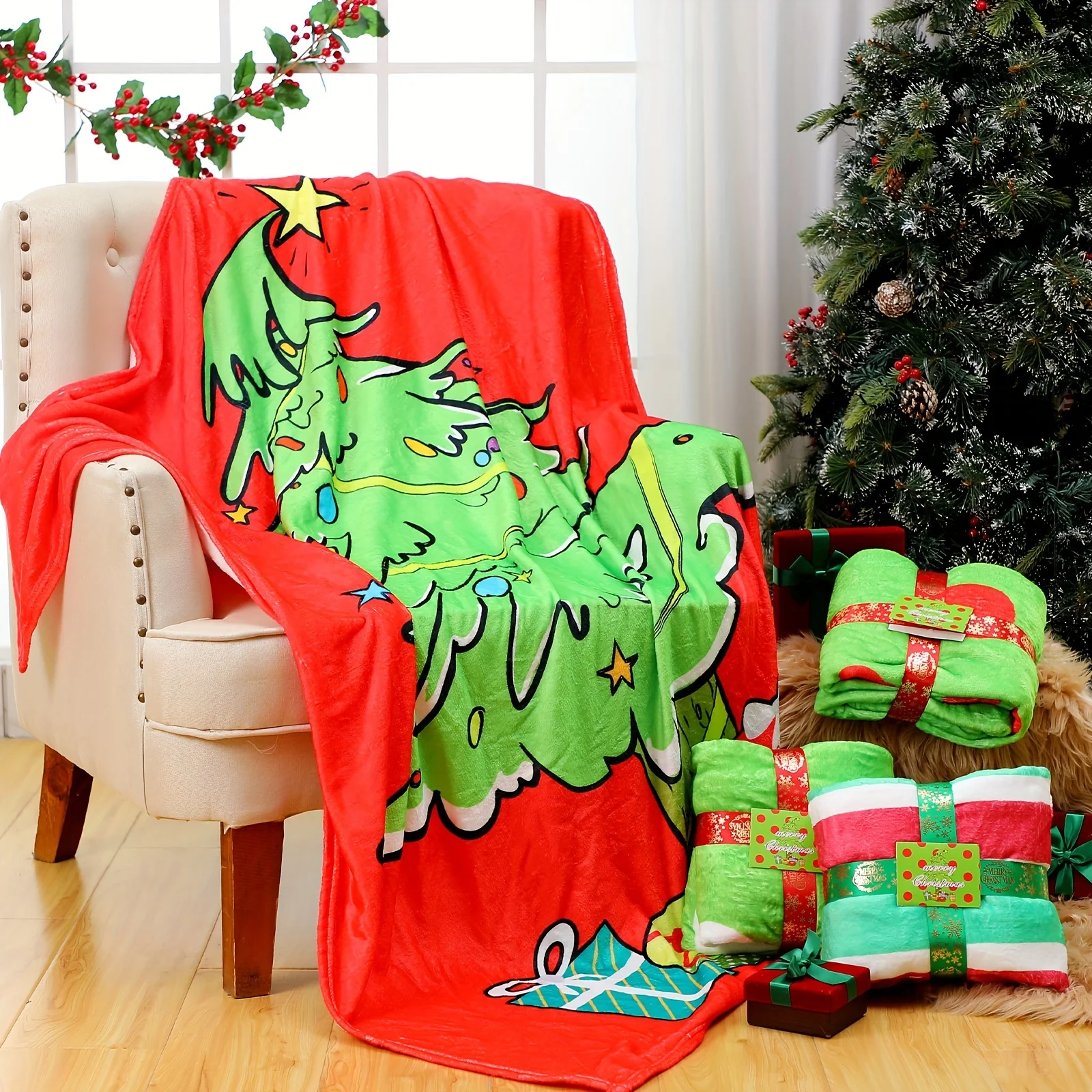 

Red and Green Plaid Blanket Warm Soft Cozy Travel Blanket Sofa Office Bed Perfect for Camping and Traveling Creative Gift