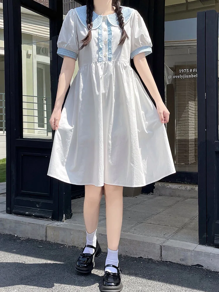 KIMOKOKM Summer New Cute Preppy Style Student Dress Kawaii Peter Pan Collar Ruffles Bow Sweet Soft Girl Puff Sleeve Loli Dress