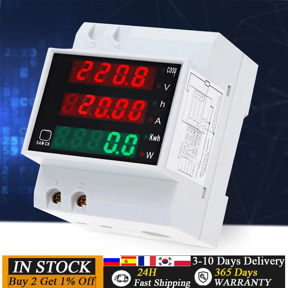 AC80-300V 100A Multi-functional Digital Din Rail Current Voltage Power Factor Meter Ammeter Voltmeter