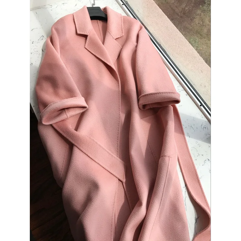 

RosEvans oversized Solid Water Ripple Overcoat Double-sided Wool Long Women Loose Coat Belt Lapel Long Sleeve Spring Autumn 2023