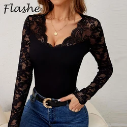 Sexy T-shirts For Women V Neck Lace Long Sleeve T-Shirts Female Fashion Hollow Out Tee Tops Green Red Black Shirts