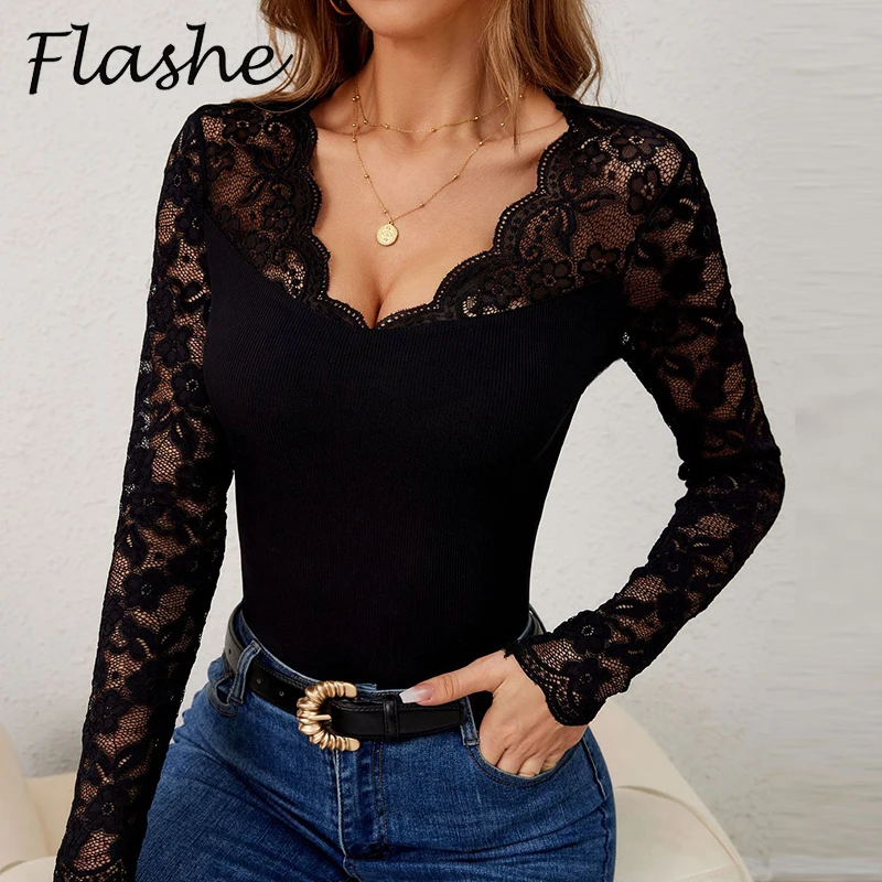 Seksowne koszulki dla kobiet V Neck Koronkowe koszulki z długim rękawem Kobieca moda Wydrążone koszulki Zielone Czerwone Czarne koszule