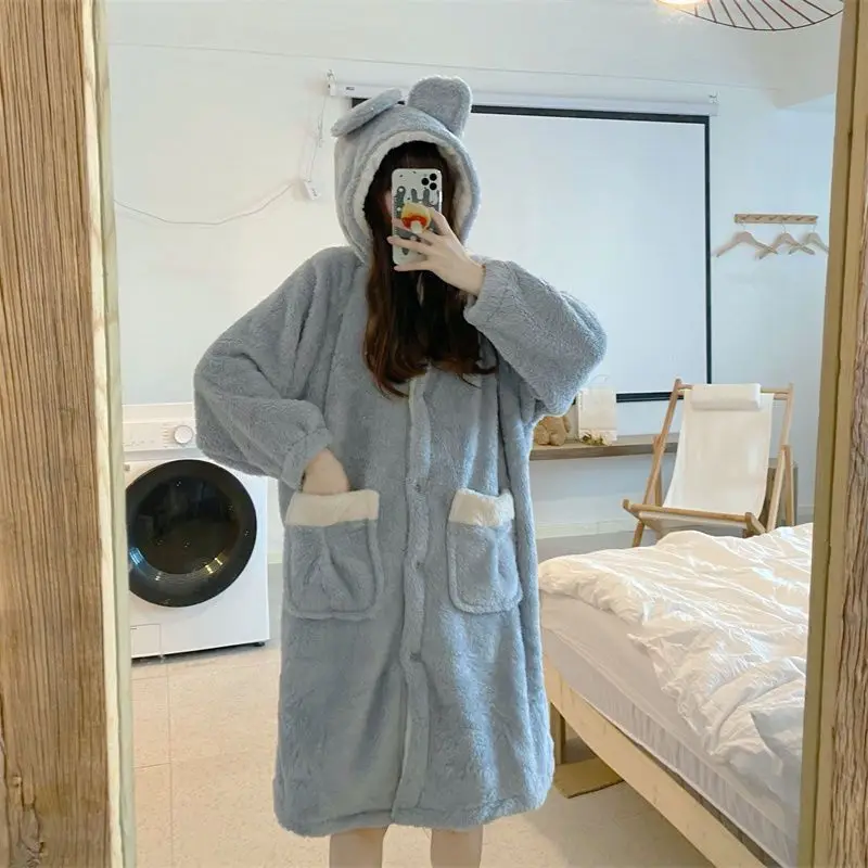 Hooded Robe for Women Sleepwear Nightdress Winter Warm Fleece Pajama One Piece Nightgown Night Wears Pocket Long Sleeve Homewear