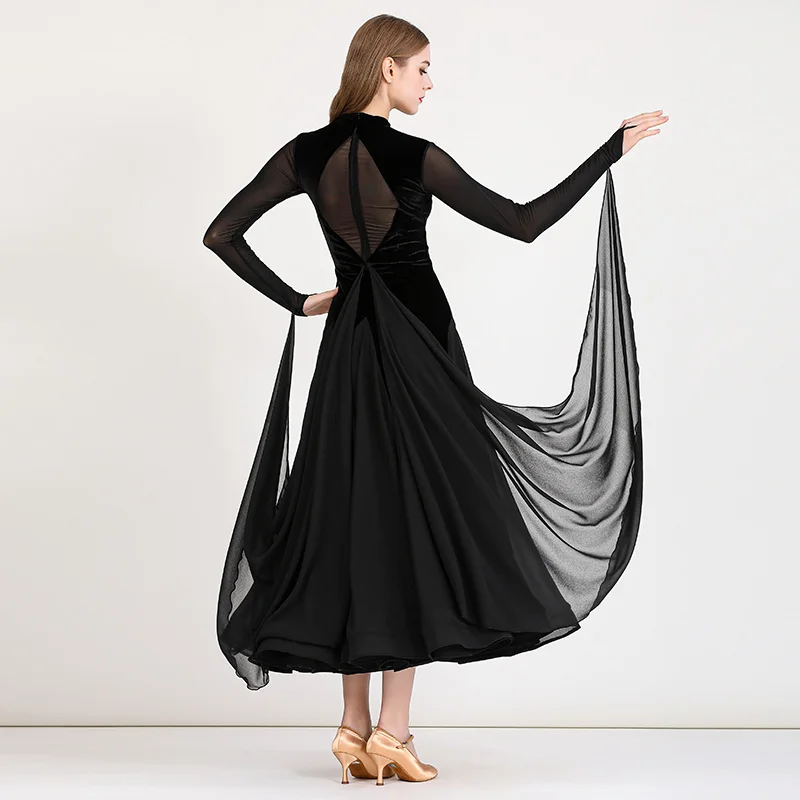여성을위한 블랙 벨벳 표준 볼룸 댄스 드레스 고품질 WaltzTango 플라멩코 의상 레이디 경쟁 댄스 드레스
