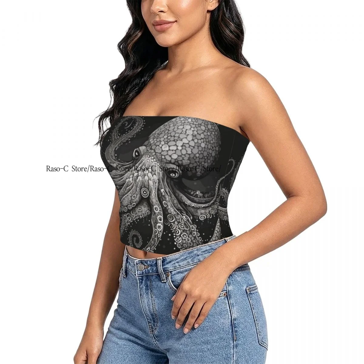 Women Block Crop Slim Tube Top Hand Drawn Octopus Strapless Top For Summer Female Clothing