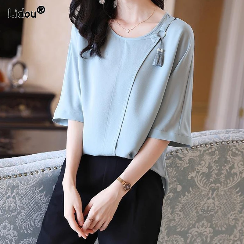 

Dignified Summer Loose Round Neck T-Shirts Fashion Simplicity Pullovers Short Sleeve Casual Solid Patchwork New Women's Clothing