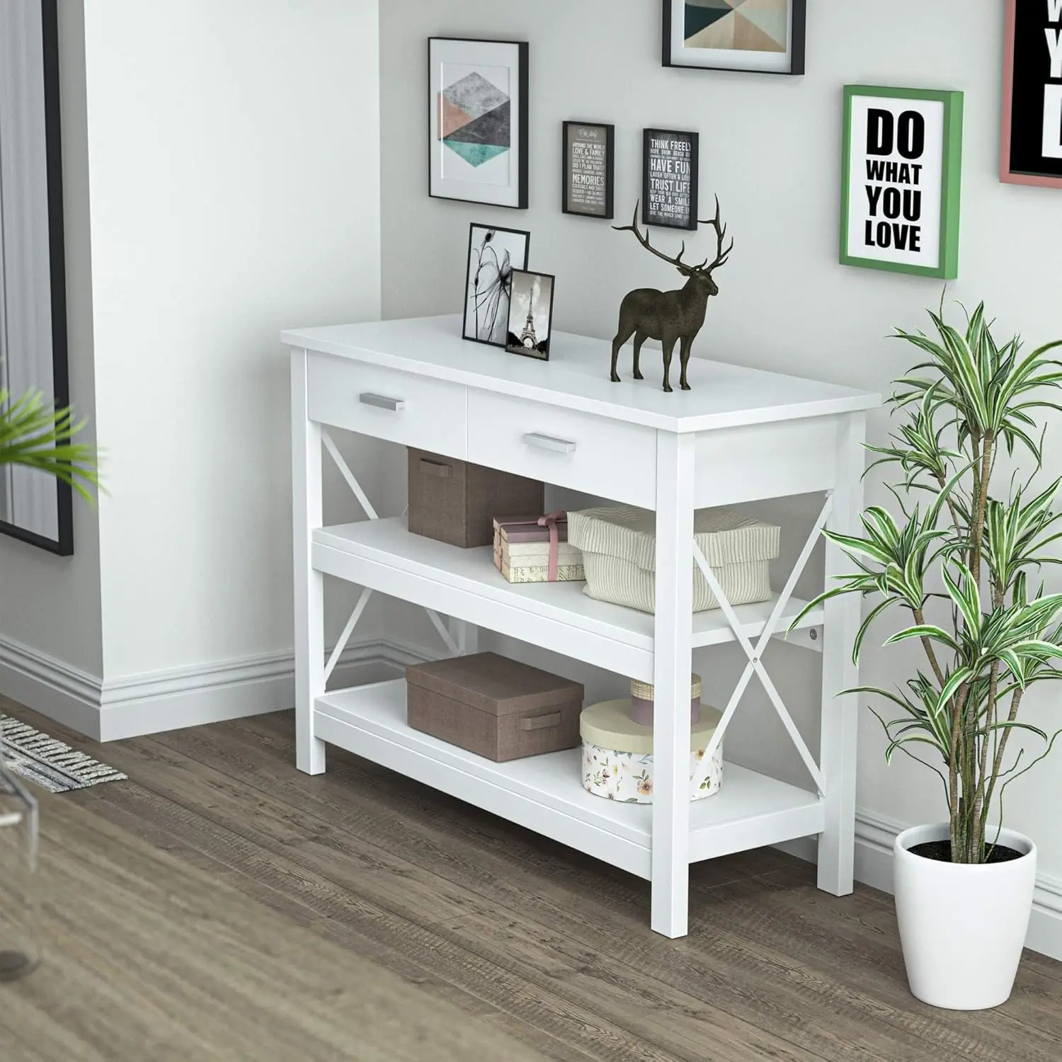 Mesa de consola para pasillo con 2 cajones y estantes inferiores, estilo moderno, estructura metálica, 105 x 40 x 76 cm, color blanco