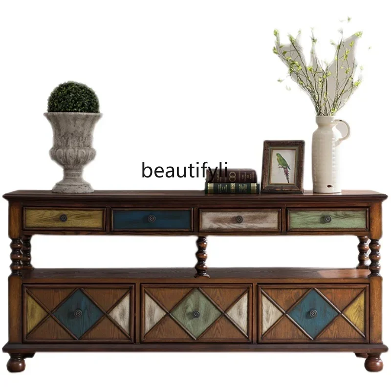 K185 American-Style Solid Wood Entrance Cabinet Vintage Sideboard Hallway Multi-Functional Storage TV Bench for Bedroom