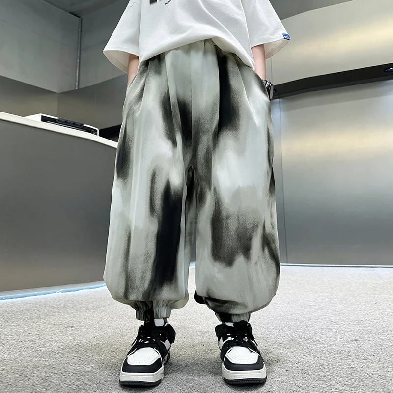 Children Trousers For Boys Ice Silk Ink-Stained Print Elastic Waist Summer Mosquito Pants Kids Loose Sports Long Pants 5-14Years