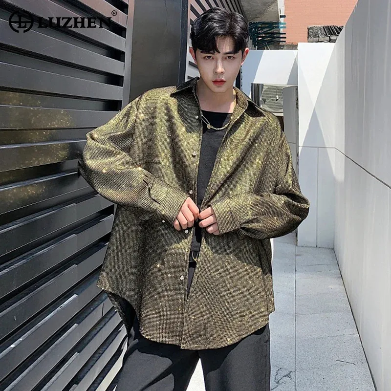 LUZHEN Sleeve Sequin Metal Color Long 2025 Shirts New Men's Trendy Loose High Quality Fashion Korean Handsome Casual Tops JY8585