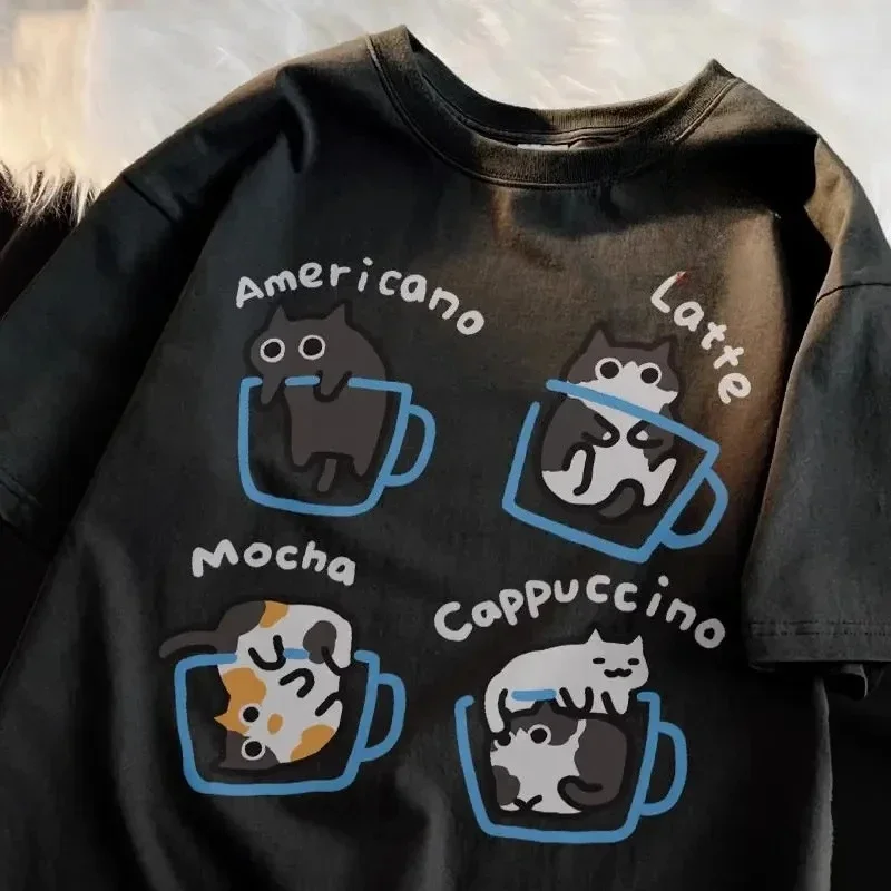 Casual Sommer Kleidung Mode Grafik T Shirts Top Vintage Katze Kaffee Gedruckt frauen Sommer Neue Rundhals Nette