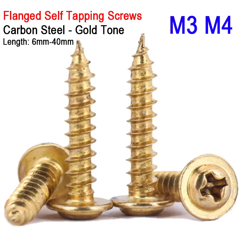 M3 M4 Carbon Steel Imitation Gold Plated Round Head Self Tapping Screw With Washer Length 6/8/10/12/14/16/18/20/25/30/35/40mm