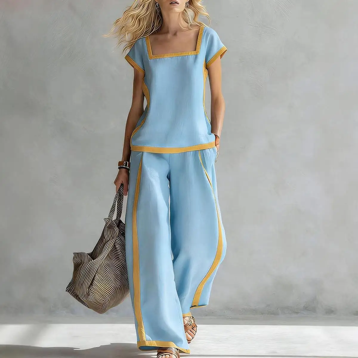 Casual Fashion Color Block Wide Leg Pants Set Women's Two Piece Set Summer Cross-Border Independent Station Style Leisure