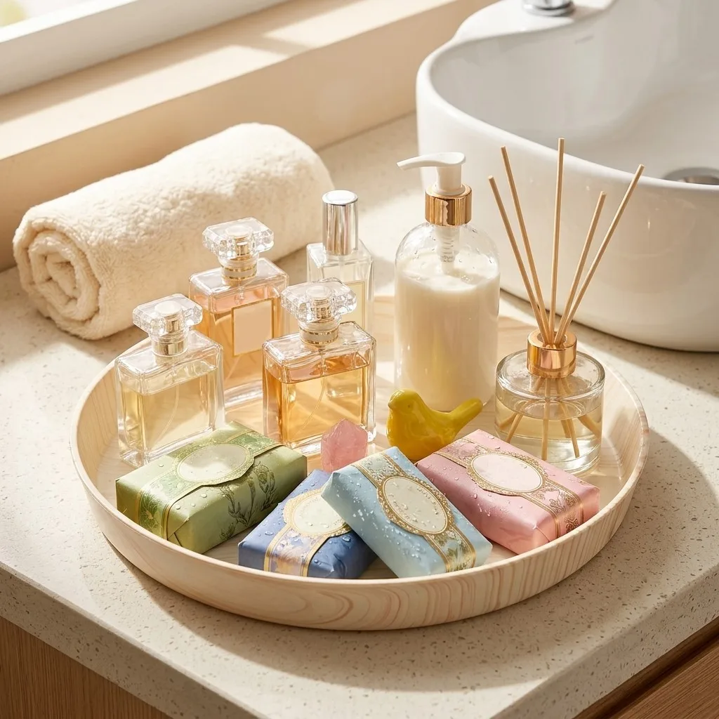 Round Plastic Wood Grain Vanity Tray Bathroom Counter Perfume Skincare Makeup Organizer Cosmetics Storage for Dressing Table