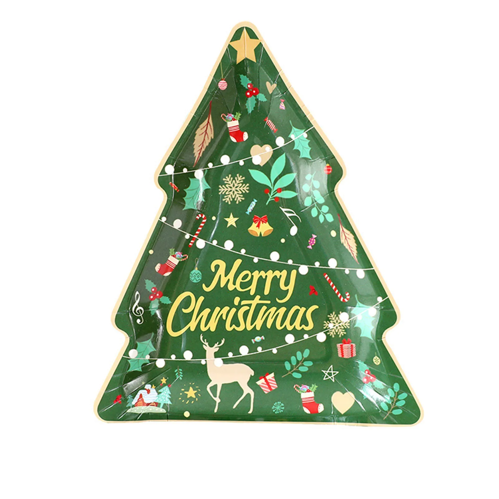 2024 Christmas Disposable Tableware Xmas Tree Shape Plates Merry Christmas Decor Kids Happy New Year 2025 Table Decor 10 Pcs