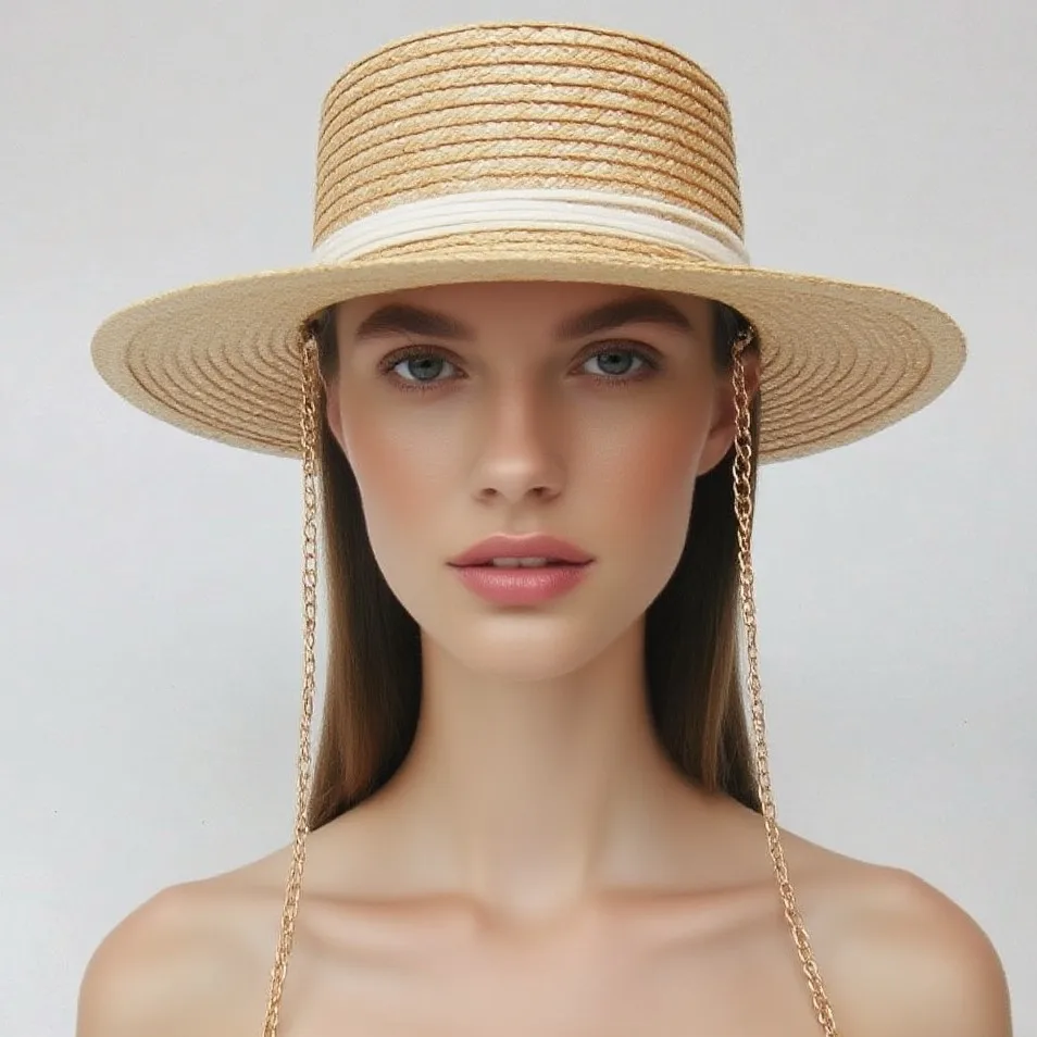 Wide Brim Straw Hat Factory Direct, Chain Design Beach Sun Cap, Outdoor Protection Sun Hat Cross Border