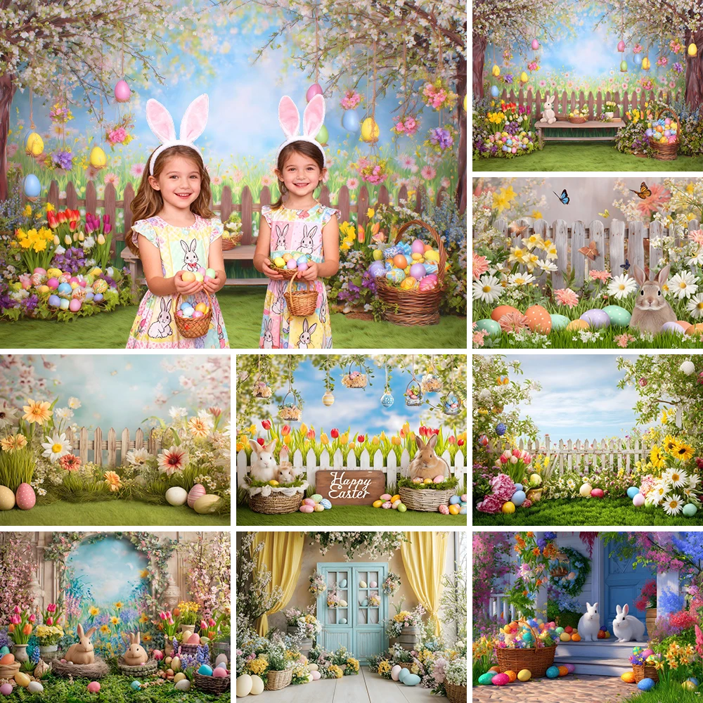 Spring Easter Backdrop Courtyard Green Grass Fence Rabbit Eggs Flowers Kids Portrait Photography Background Photo Studio Props