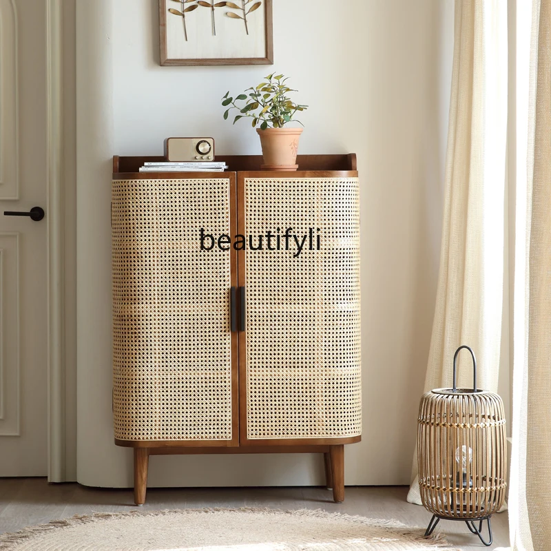 

Nordic solid wood shoe cabinet household simple shoe rack ash wood locker, storage rattan entrance cabinet