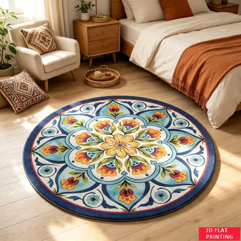 Red Persian Style Floral Mandala Round Rug For Traditional Bedroom Or Dining Area Featuring Green Yellow Ornate Carpet Mat