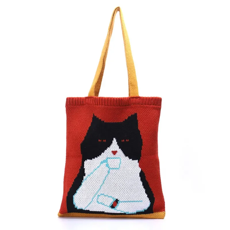 YoReAi-Cat Pattern Tricô Top-Handle Sacola para meninas, sacos de livros femininos, estilo kawaii, elegante, casual, macio, bolsa aberta diariamente