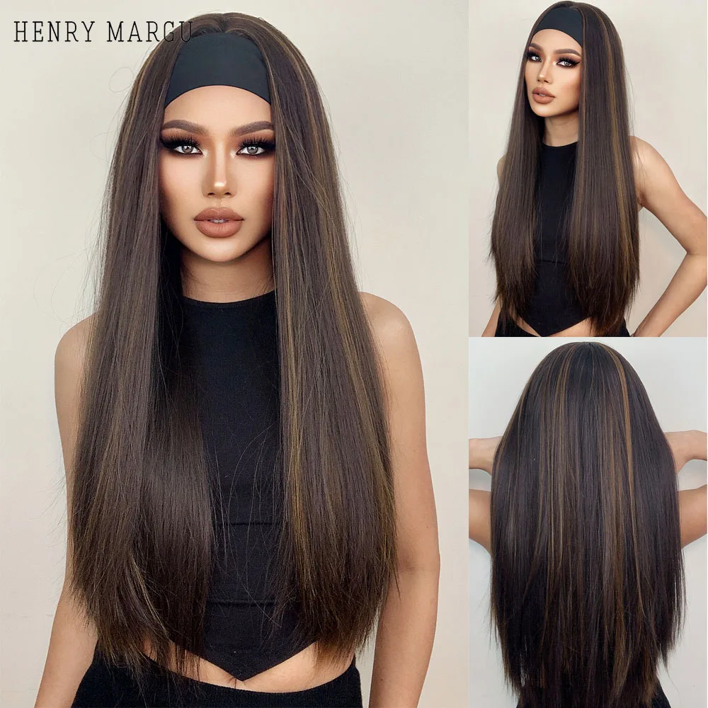 HENRY MARGU-Peruca Sintética Longa e Reta para Mulheres Negras, Cabelo Castanho Glueless, Perucas Glueless, Resistente ao Calor