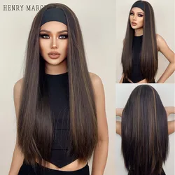 HENRY MARGU Long Straight Headband Synthetic Wig Brown Gloden Highlight Glueless Hair Wigs for Black Women Heat Resistant Wigs