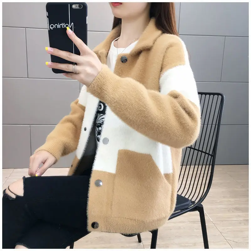 Imitation Mink Velvet Color Matching Coat Women's 2022 Mew Autumn And Winter Fashion Korean Version Student Loose Woolen Jacket