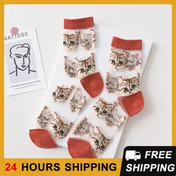 InjCrystal-Chaussettes respirantes ultra fines pour femmes, dentelle transparente, tube moyen élastique, chat mignon, filles féminines, été, 1 paire