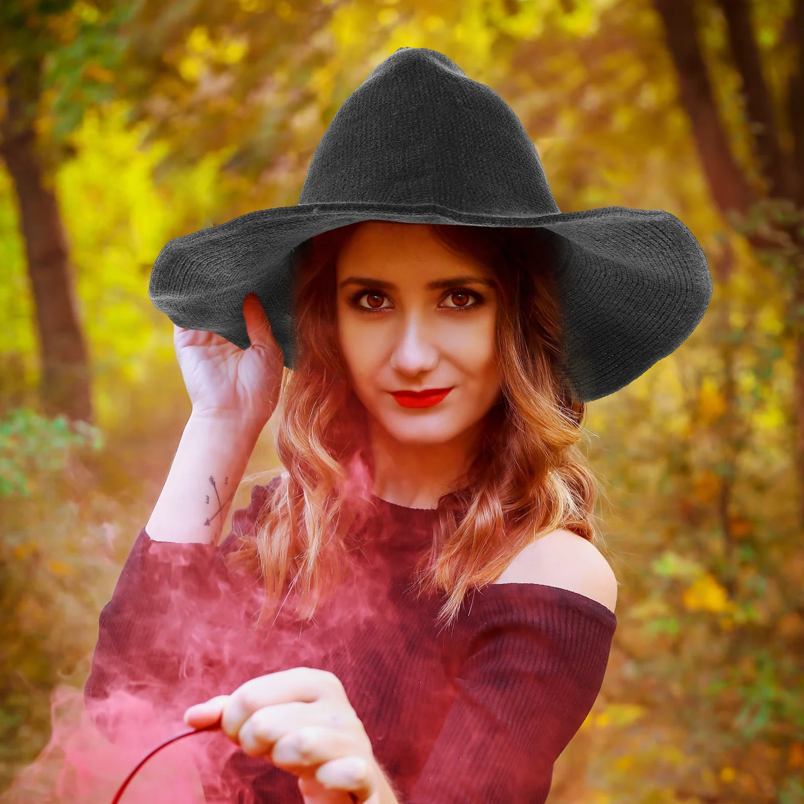 

Witch Hat Cotton Knitted Ladies Winter Dark Grey Foldable Halloween Costume Accessory Party Supplies Stage Prop Cap Comfortable