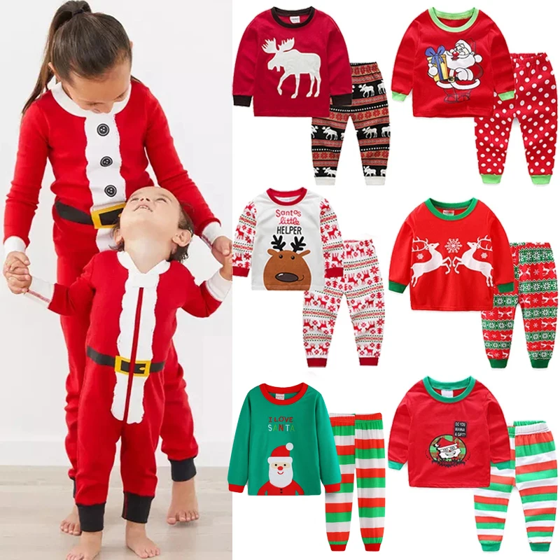 Cute Santa Children Clothing Set Cartoon Print Boys Christmas Costume Casual Cotton Kids Pajamas Suit 1-6 Year Baby Girl Clothes