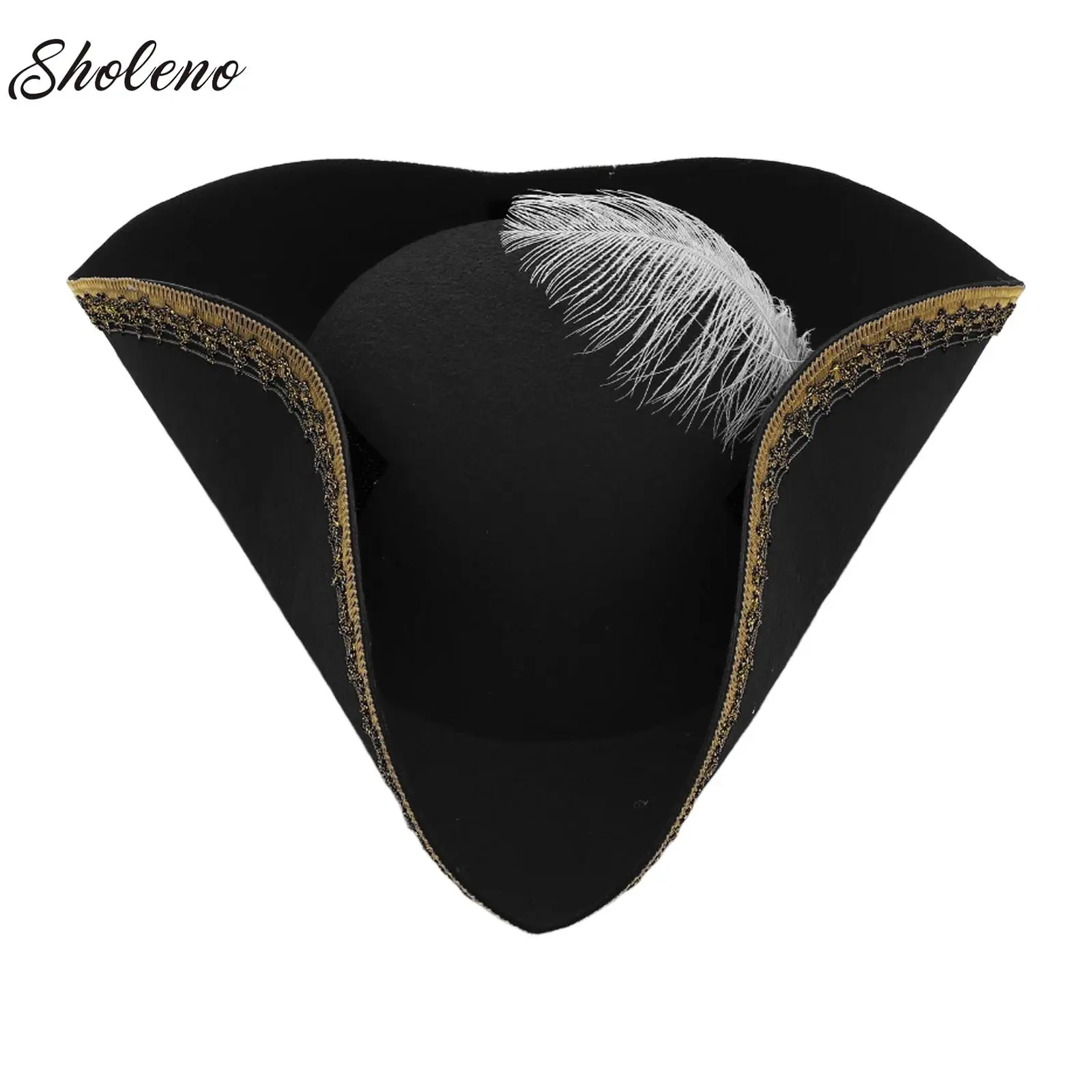 Felt Pirate Hat Metallic Brim Embellished Colonial Tricorn Pirate Distressed Hat for Halloween Cosplay Masquerade Costume Party