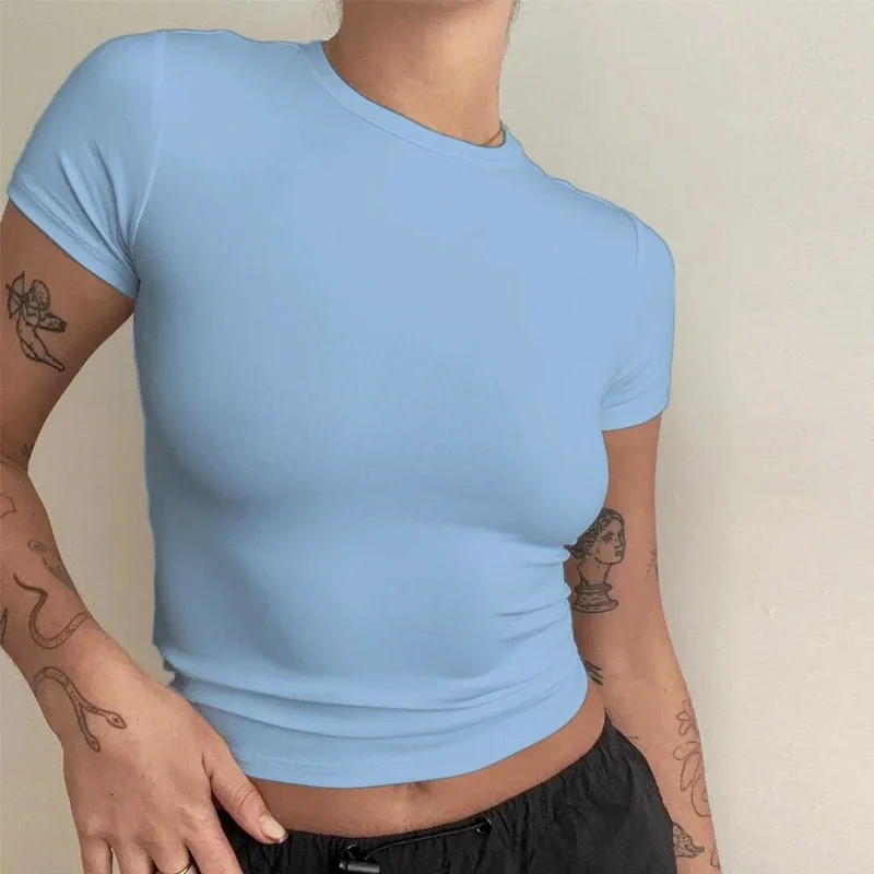 Ropa de mujer, camiseta de manga corta, Tops ajustados, camiseta de tubo de punto con cuello redondo para mujer, ropa de calle, ropa deportiva sexual 2024 Y2K New2410