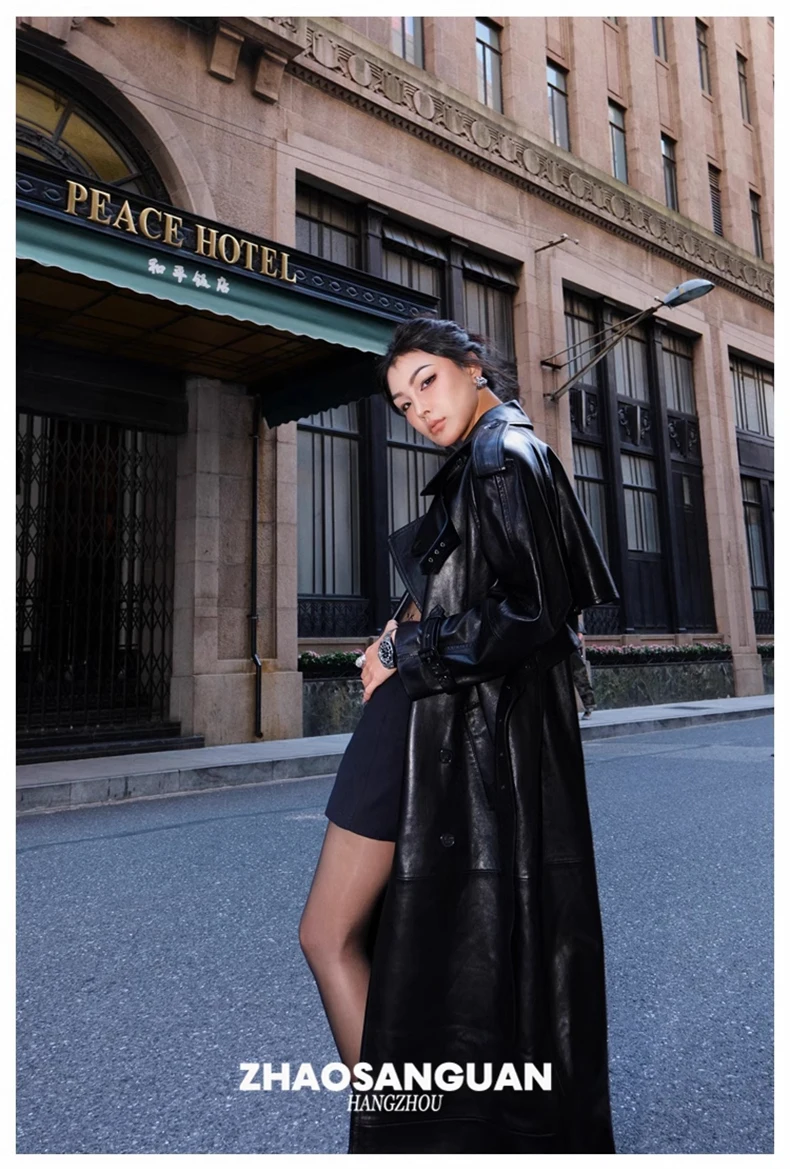 Lautaro Spring Autumn Cool Extra Long Black Loose Pu Leather Trench Coat for Women with Shoulder Pads Belt European Fashion 2024