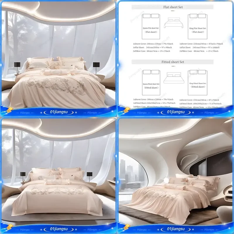 1000TC Lyocell Cotton Bedding Set Luxury Embroidery Duvet Cover Soft Silky Bed Sheet Pillowcases 4Pcs Home Textile