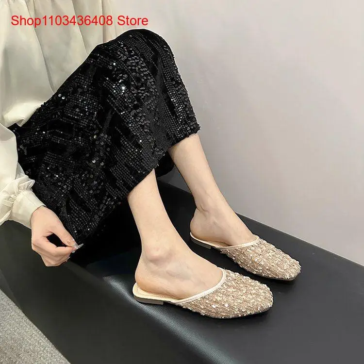 Summer Sequins High-End Temperament Casual Flat Bottomed Cool Slippers Half Flip Flops Shoes for Women