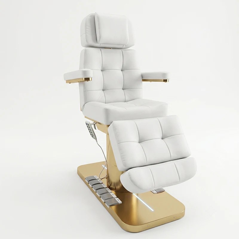 Electric Beauty Chair White Gold PU Leather Facial Bed Height Adjustable Backrest Leg Rest for Salon Spa Esthetician Tattoo