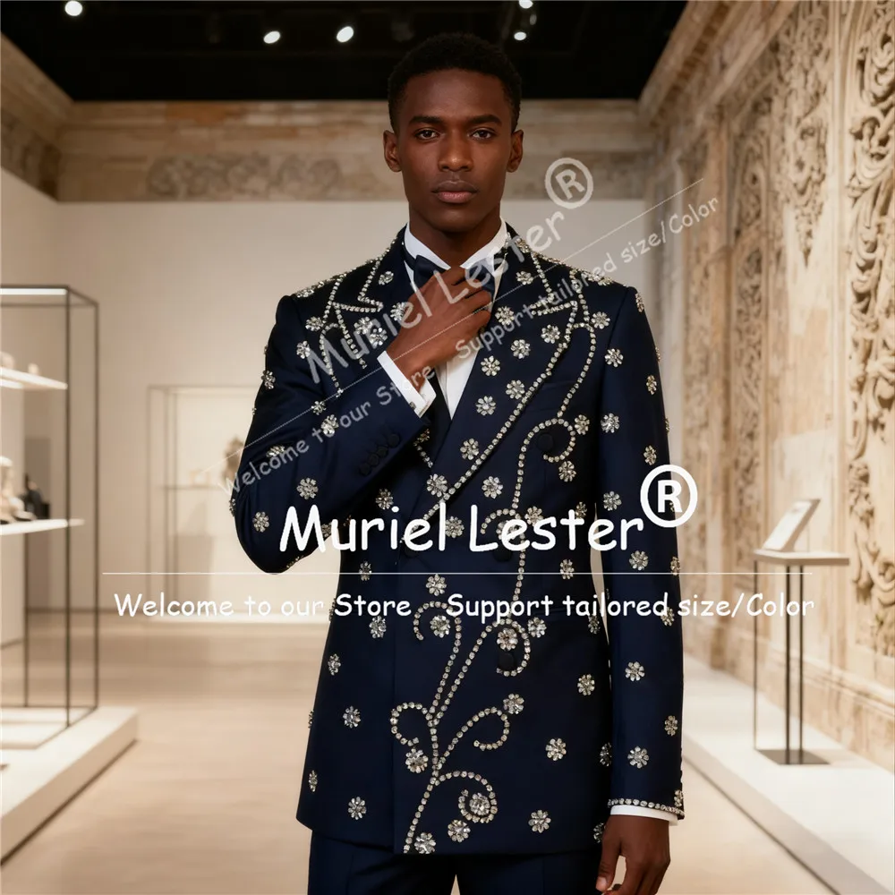 

Customized Sliver Beaded Suit Attre For Men Slim Fit Peak Lapel Groom Wedding Tuxedos 2 Piece Sets Male Prom Blazers Ropa Hombre