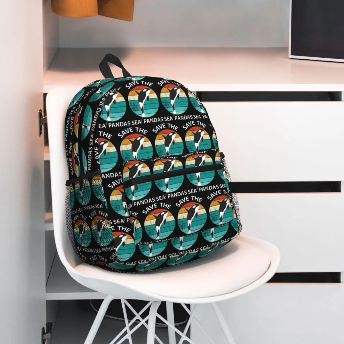 Save The Sea Pandas Retro Orca Killer Whale Gift Backpack Daypack Large Capacity BookBag School Bag Shoulder Bags for Men Women