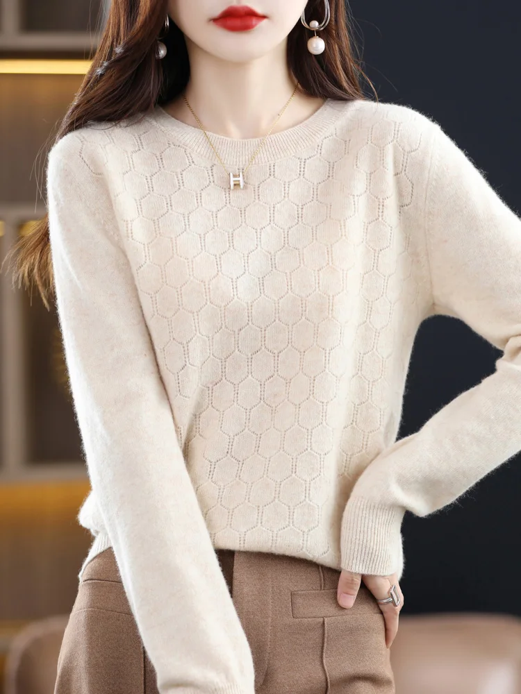 Spring Autumn 100% Pure Wool Sweater For Women O-neck Long Sleeved Cellular Hollow Out Solid Color Pullover Soft Basic Clothing