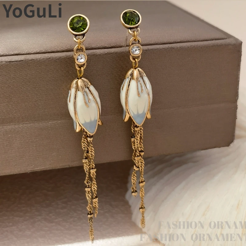 Trendy Jewelry Green Glass Pretty Lotus Long Chain Dangle Earrings For Women Girl Party Wedding Gift 2023 New