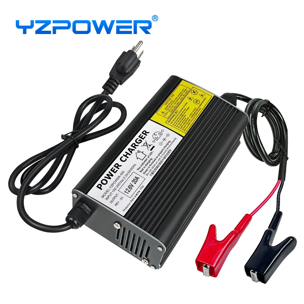 YZPOWER 12.6V 20A lithium battery charger 3S 12V charger input 110-240Vac fast charging with cooling fan